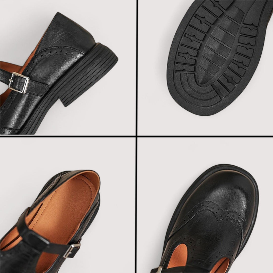 Damen Riemenschuhe am Fuß getragen, zeigen das klassische Design & den sicheren Halt. Rutschfest & bequem.
