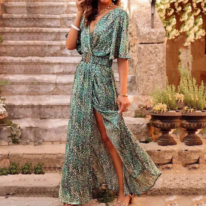 Damen bedrucktes Maxi Wickelkleid mit V-Ausschnitt und Gürtel. Elegantes Sommerkleid in Rosa/Grün, perfekt für Freizeit.