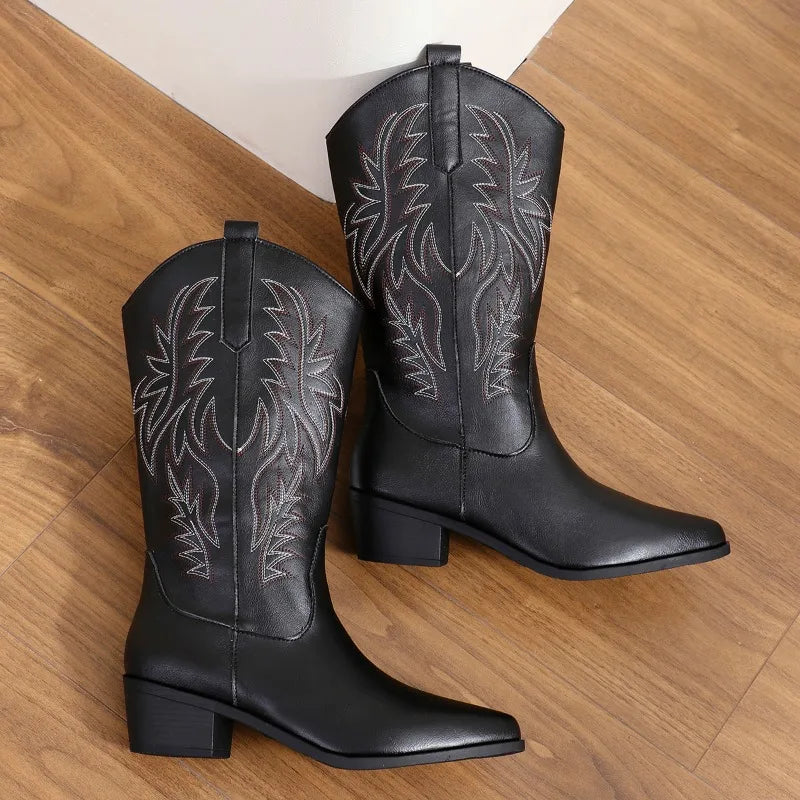 Modische schwarze Damen Cowboy Stiefel, bestickte Westernstiefel für Damen; ideal für Freizeit und besondere Anlässe.