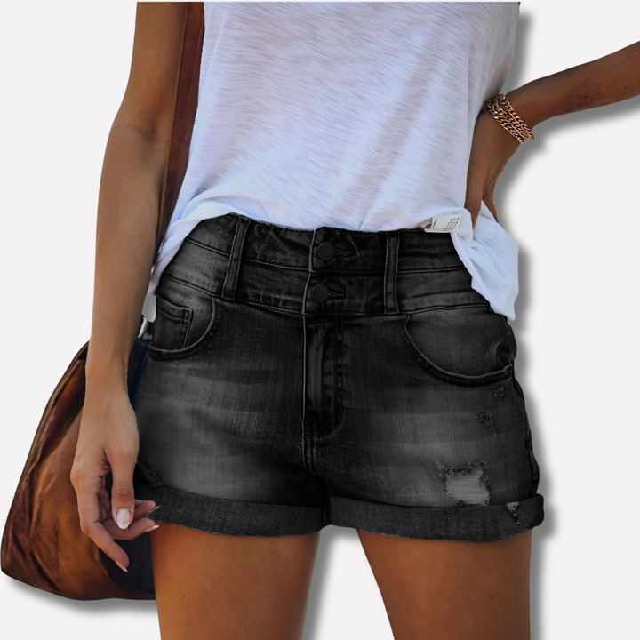Dunkelblaue Damen High Waist Shorts mit Umschlag. Perfekte Sommerhose für jede Frau.