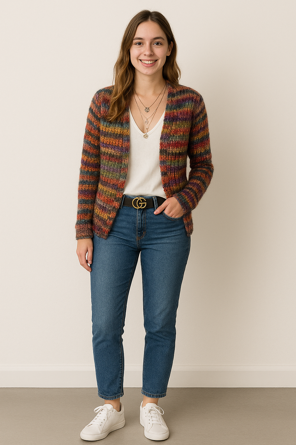 "Mette Strickjacke Damen, mehrfarbig, weiches Strickmaterial, lockere Passform, farbenfroh und stilvoll, Vorderansicht"