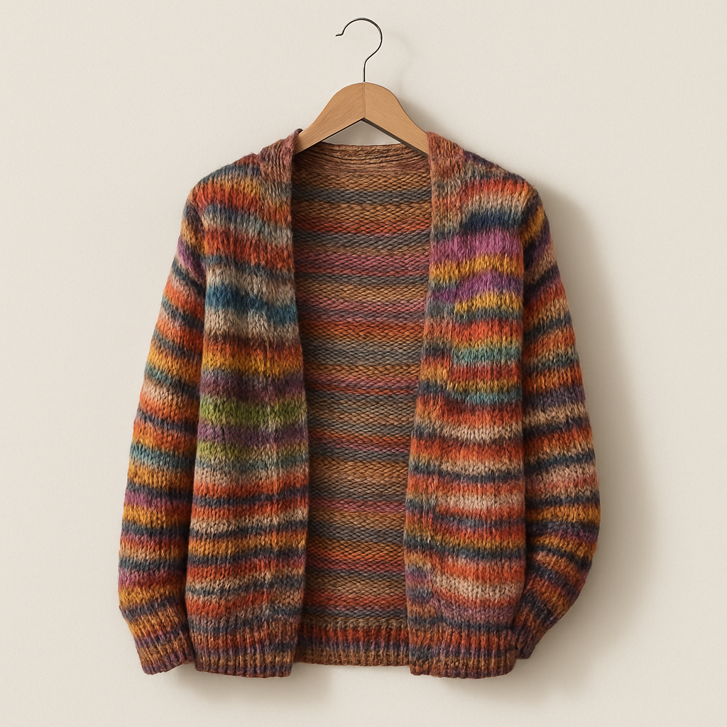 "Mette Strickjacke Damen, mehrfarbig, weiches Strickmaterial, lockere Passform, farbenfroh und stilvoll, Vorderansicht"