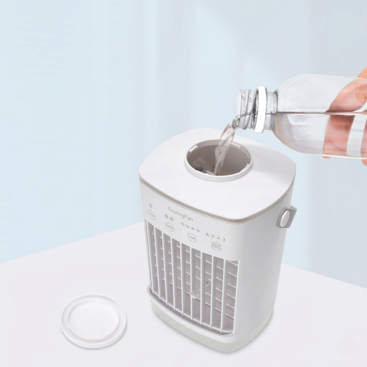 Kleiner Tisch-Luftkühler & Ventilator in Weiß. Sorgen Sie für kühle Luft und Komfort im Schlafzimmer oder Büro.