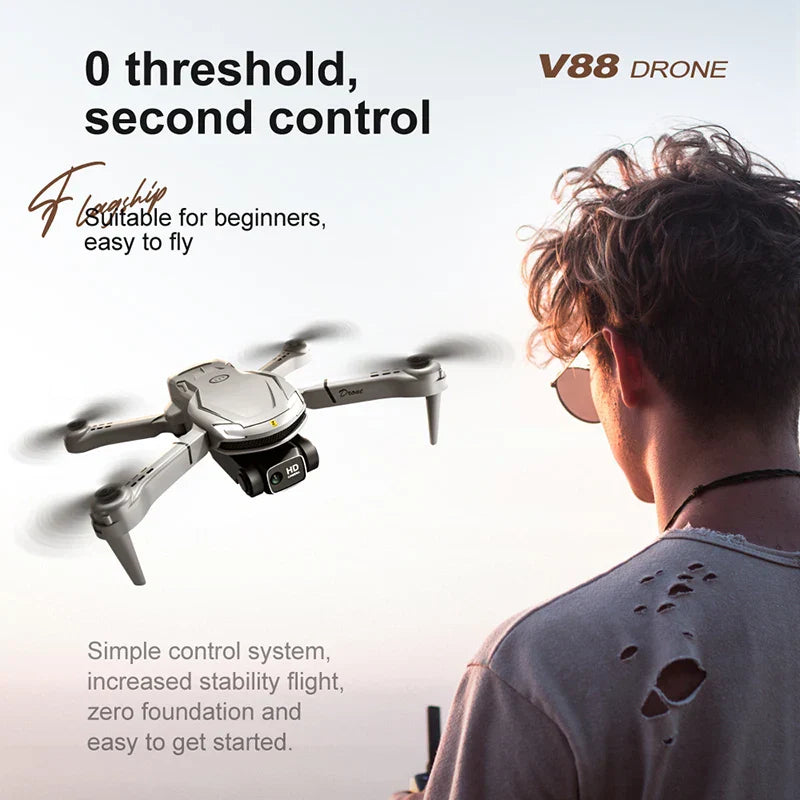 Vorderansicht der Mini V88 Drohne 8K HD mit GPS, kompakte schwarz-silberne Drohne für beeindruckende Luftaufnahmen.