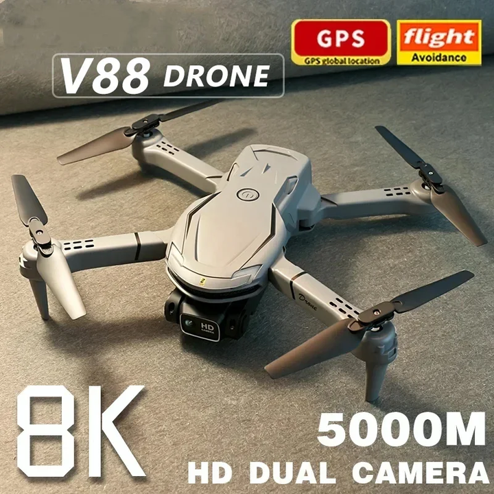 Vorderansicht der Mini V88 Drohne 8K HD mit GPS, kompakte schwarz-silberne Drohne für beeindruckende Luftaufnahmen.