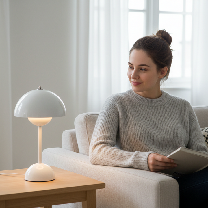 Minimalistische Tischlampe, skandinavisches Design, Edelstahl, sanftes LED-Licht, Ambientbeleuchtung auf dunklem Hintergrund.
