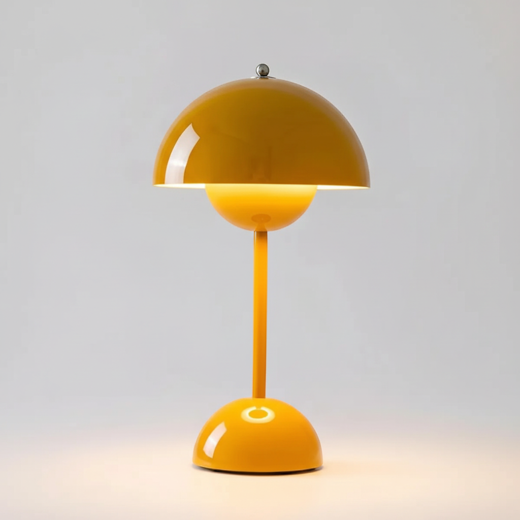 Minimalistische Tischlampe, skandinavisches Design, Edelstahl, sanftes LED-Licht, Ambientbeleuchtung auf dunklem Hintergrund.
