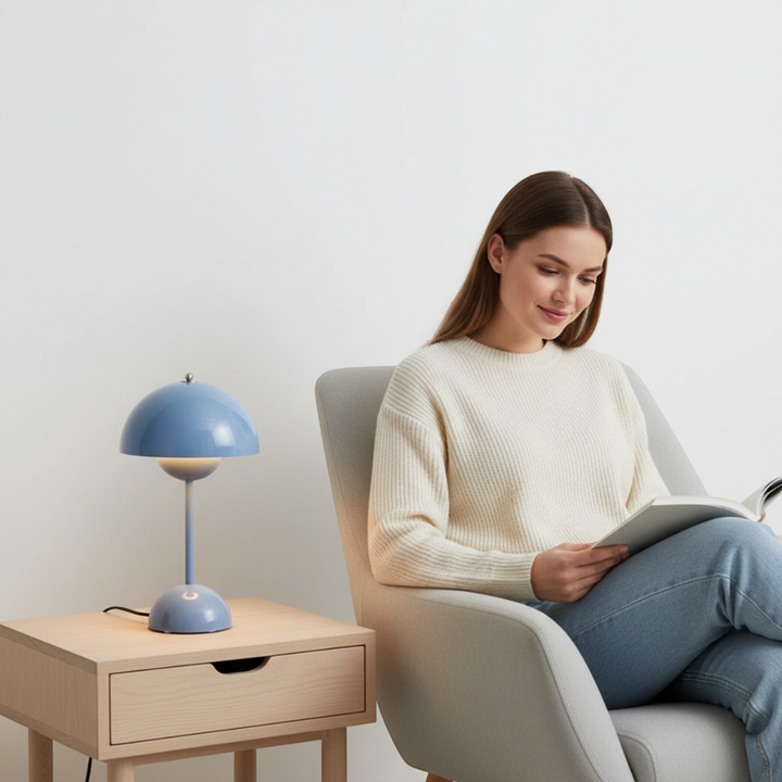 Hochwertige Design-Tischlampe, LED, Edelstahl, minimalistischer Stil, ideal für gemütliches Stimmungslicht im Wohnzimmer.