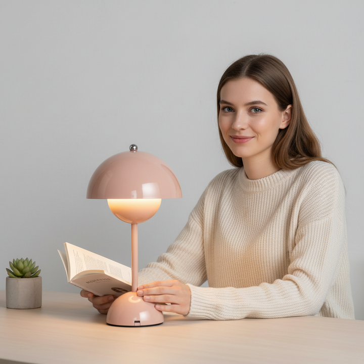 Minimalistische Tischlampe mit warmem LED-Licht, skandinavisches Design, Edelstahl, ideal für elegantes Wohnzimmerambiente.