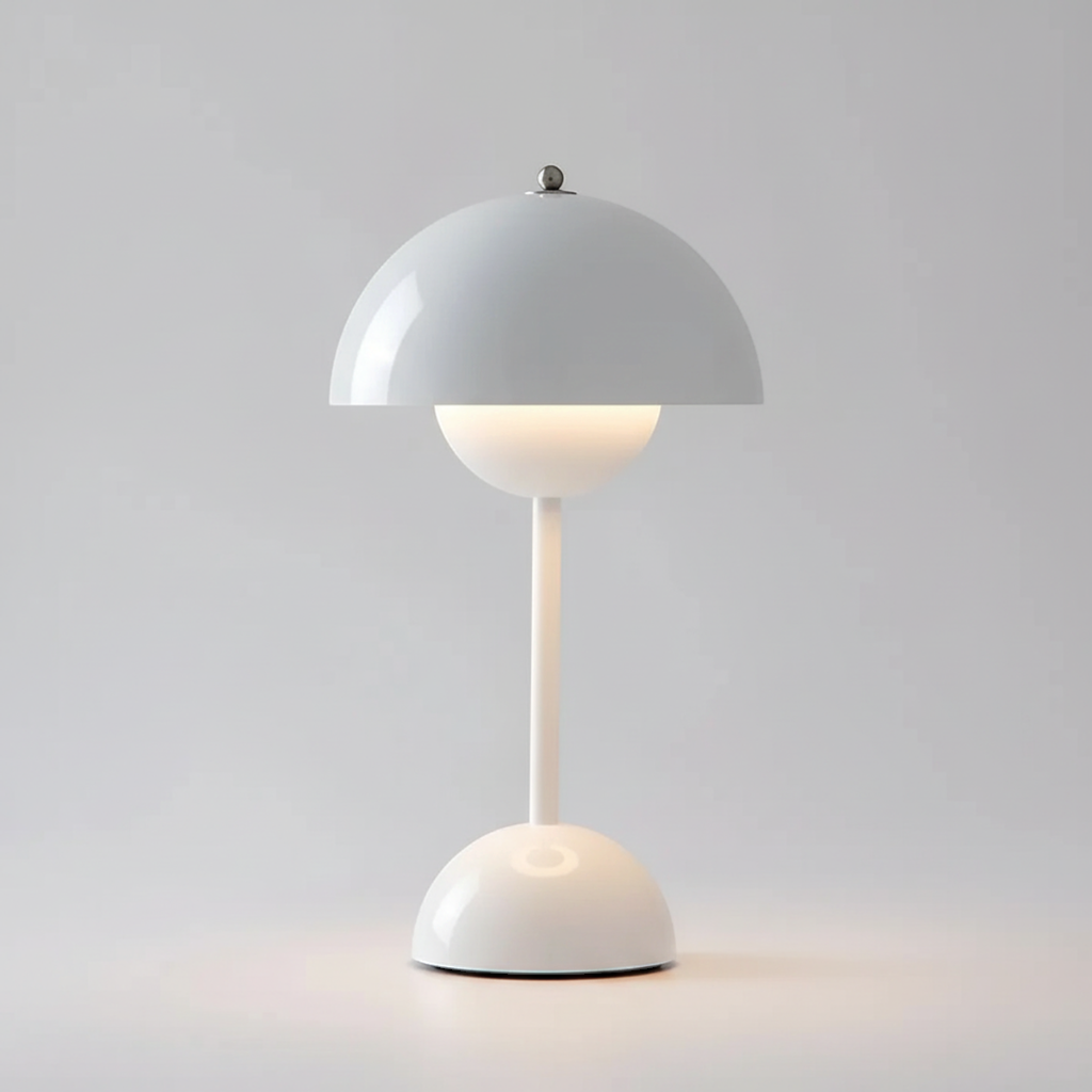Nahaufnahme der strukturierten Oberfläche der minimalistischen Edelstahl-Tischlampe mit sanftem LED-Licht.