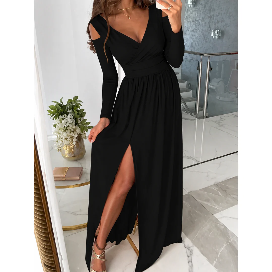 Damen Maxikleid. Elegantes Abendkleid mit tiefem V-Ausschnitt, langen Ärmeln & hohem Seitenschlitz. Partykleid.