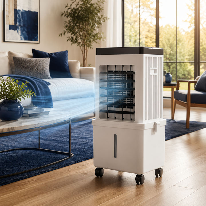 Mobiler Luftkühler mit Befeuchter 2-in-1 für angenehmes Raumklima. Ideal für Büro & Wohnen im Sommer.