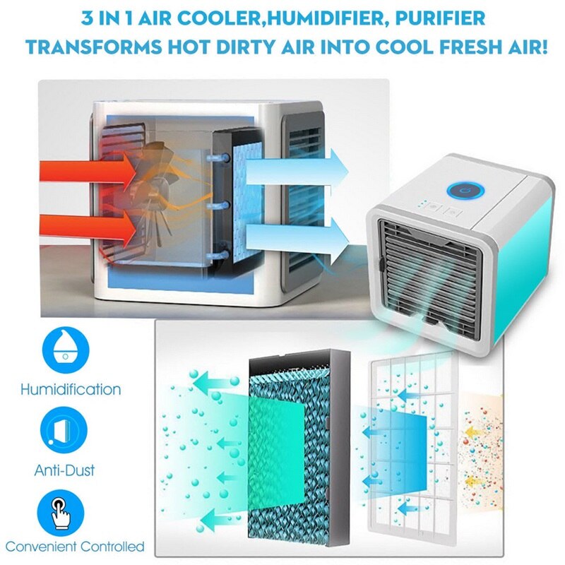 Tragbarer USB-Luftkühler als 3-in-1 Klimagerät mit integrierter LED-Beleuchtung für Sommerkühlung.