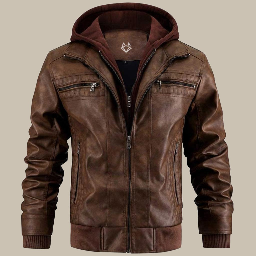 Stilvolle schwarze Herren Jacke mit Kapuze und Reißverschluss; vielseitige Männermode, modern.