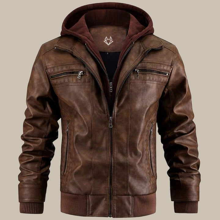Stilvolle schwarze Herren Jacke mit Kapuze und Reißverschluss; vielseitige Männermode, modern.