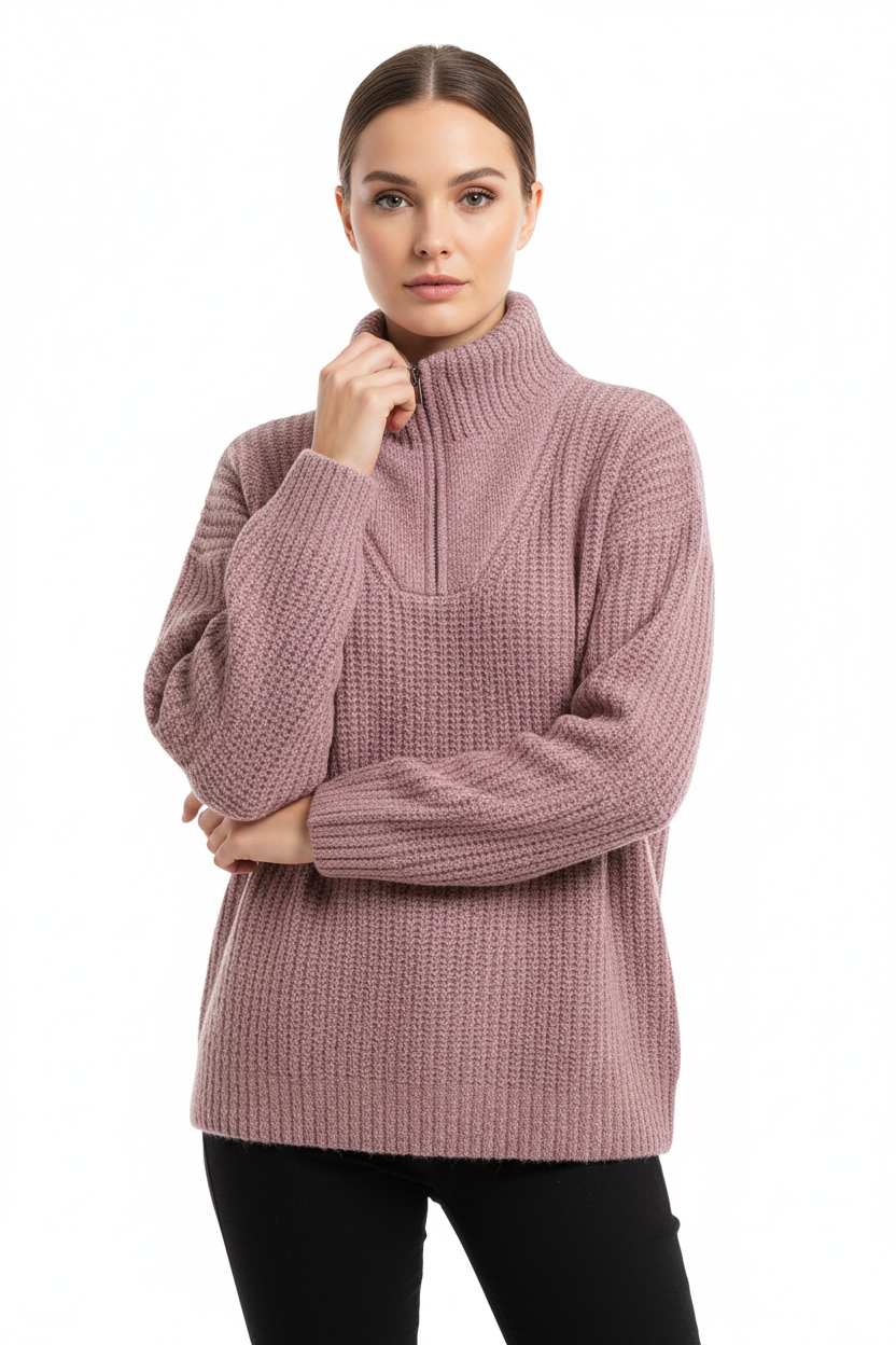 Gemütlicher Damen Langarm-Pullover mit Reißverschluss. Locker geschnitten, ideal für kühle Tage im Herbst & Winter.