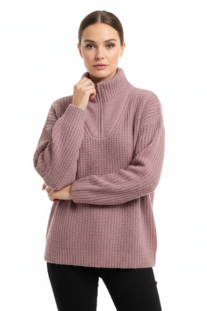Gemütlicher Damen Langarm-Pullover mit Reißverschluss. Locker geschnitten, ideal für kühle Tage im Herbst & Winter.