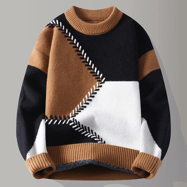 Moderner Herren Pullover mit Color-Blocking und strukturiertem Design. Eleganter Langarm-Strickpullover für den Winter.