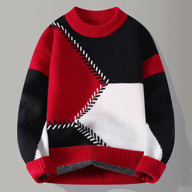 Modisches Herren Color-Blocking Outfit mit strukturiertem Winterpullover. Eleganter Langarm-Pullover für moderne Looks.