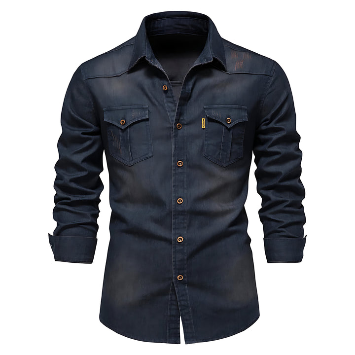 Komfortables Herren Langarm-Freizeithemd im Utility-Stil, ideal für Smart Casual Outfits, in Marineblau.