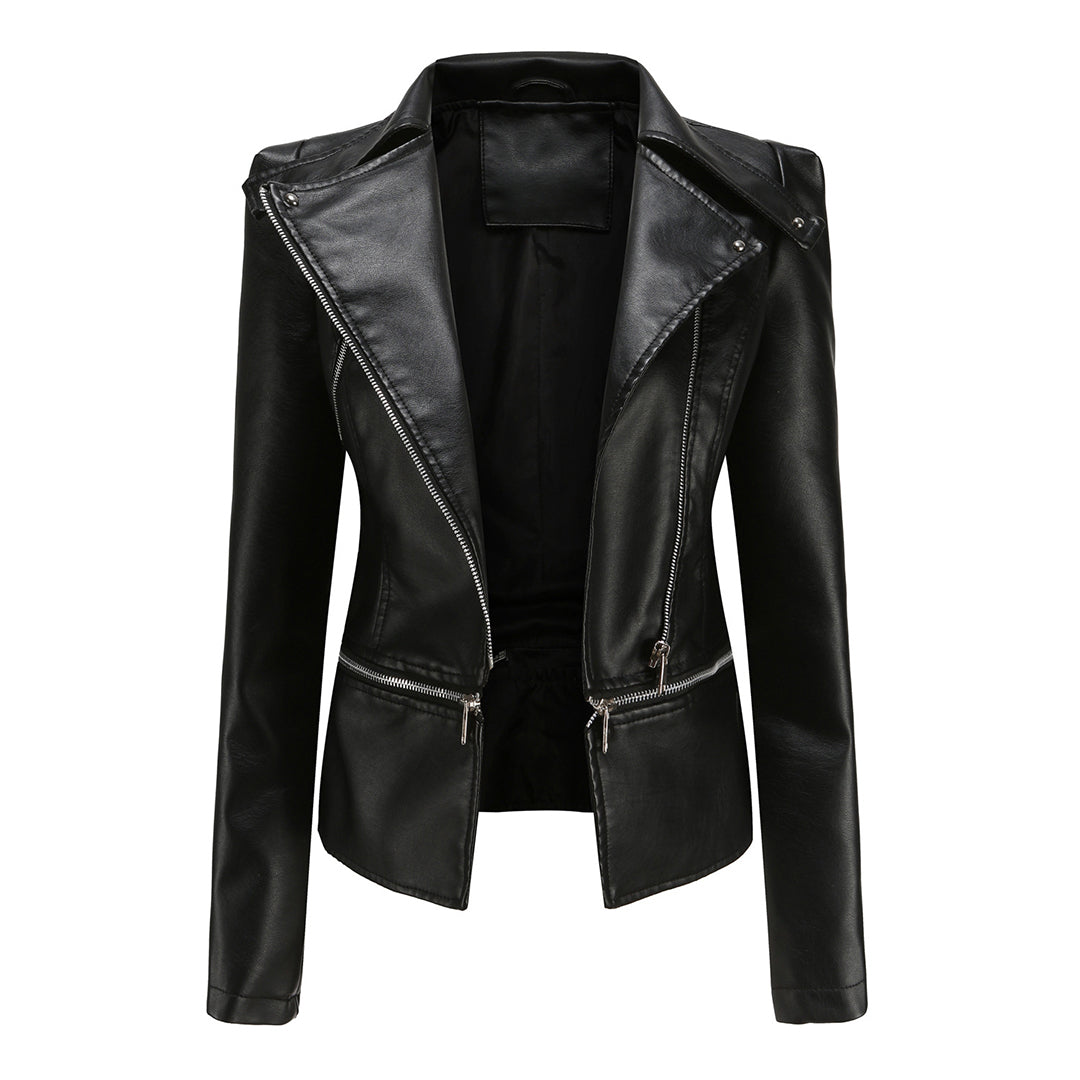 Modische Damen Bikerjacke Slim Fit in Schwarz, perfekt für einen urbanen und selbstbewussten Look.