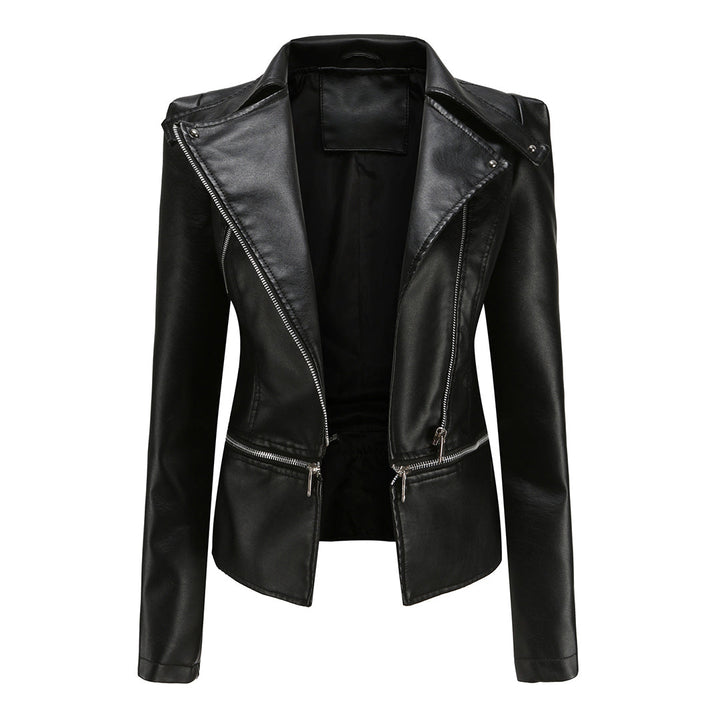 Modische Damen Bikerjacke Slim Fit in Schwarz, perfekt für einen urbanen und selbstbewussten Look.