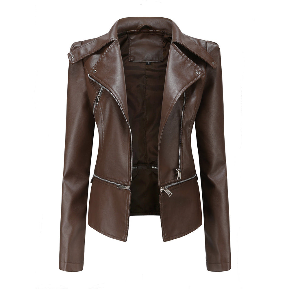 Elegante Damen Bikerjacke mit schlanker Passform in warmem Braun; vielseitige Freizeitjacke für Frauen.