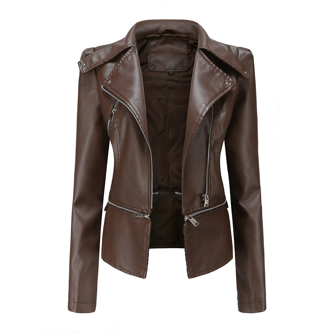 Elegante Damen Bikerjacke mit schlanker Passform in warmem Braun; vielseitige Freizeitjacke für Frauen.