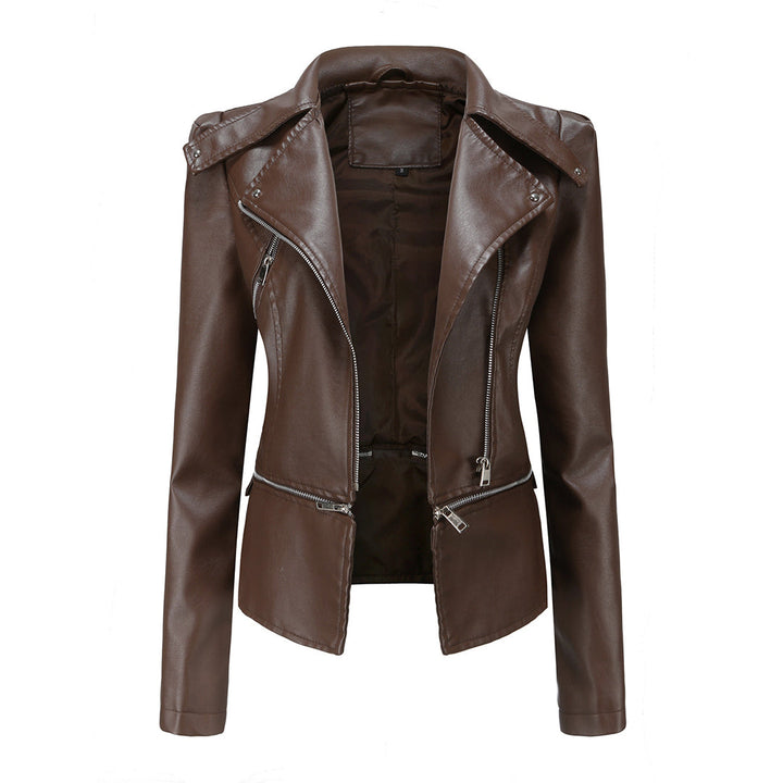 Elegante Damen Bikerjacke mit schlanker Passform in warmem Braun; vielseitige Freizeitjacke für Frauen.
