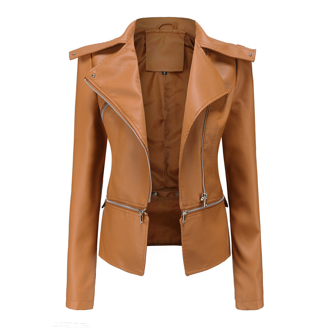 Stylische Damen Bikerjacke in Kamel, ideal als Freizeitjacke mit selbstbewusstem Slim Fit.