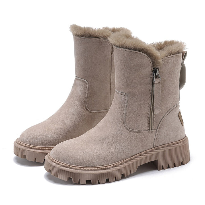 Warme Aprikose Damen Knöchel-Schneestiefel, bequem & rutschfest für kalte Wintertage. Trendige Wintermode.