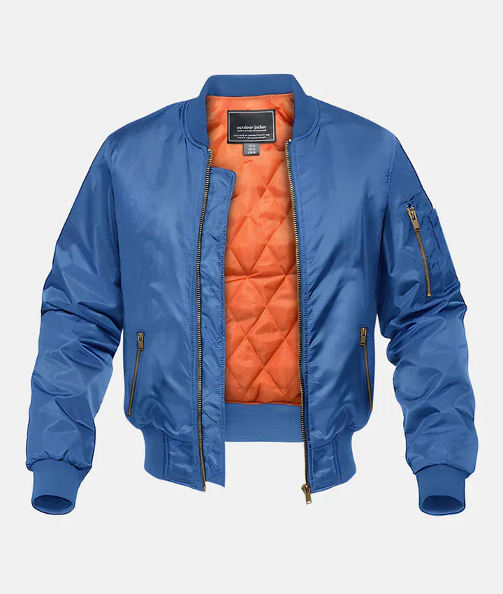 Stilvolle blaue Unisex Piloten-Bomberjacke, ideal als moderne Freizeitjacke für Herbst. Bequeme Übergangsjacke.