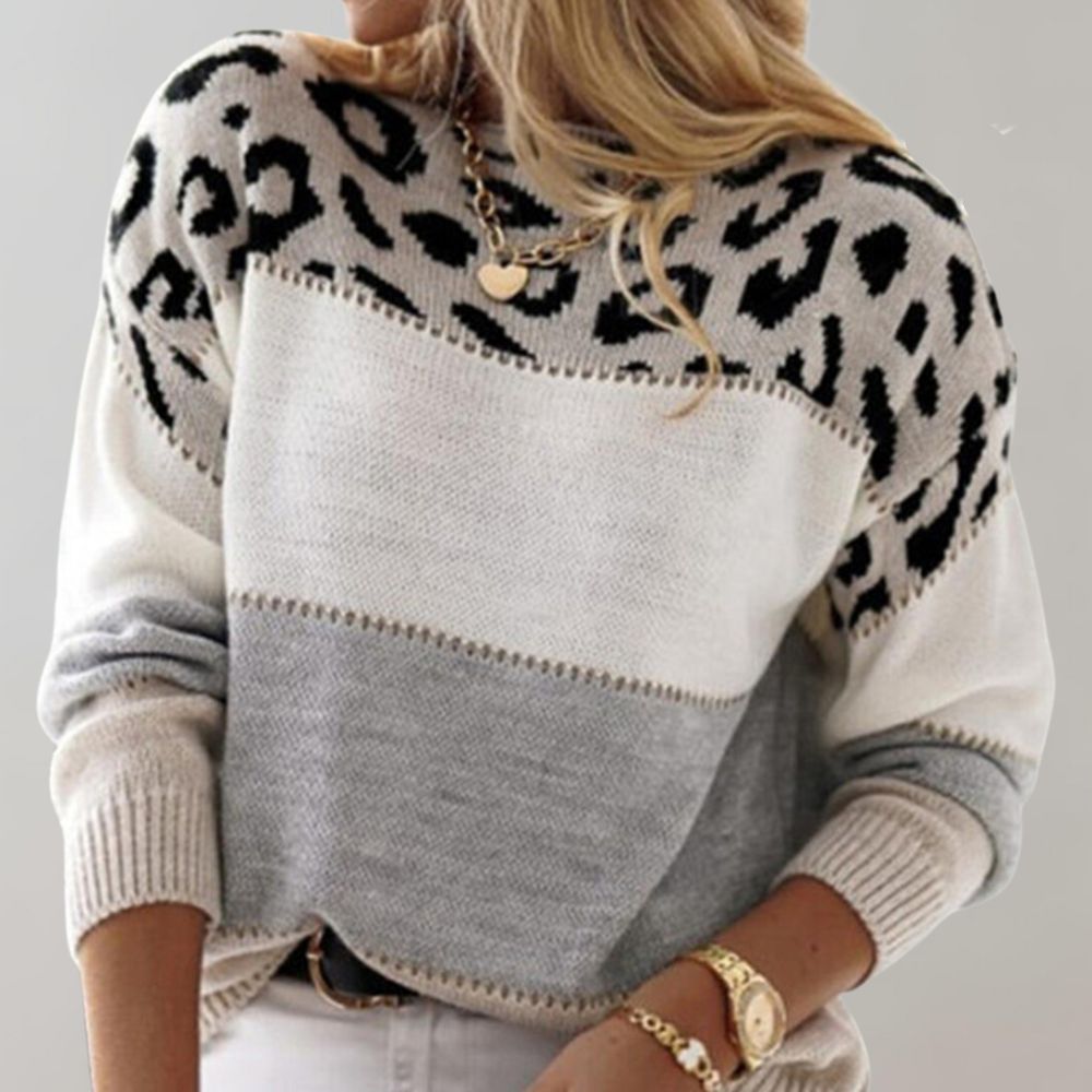 Lässiger Damen Langarm Pullover mit Leopardenprint, bequem für den Alltag und modisch.