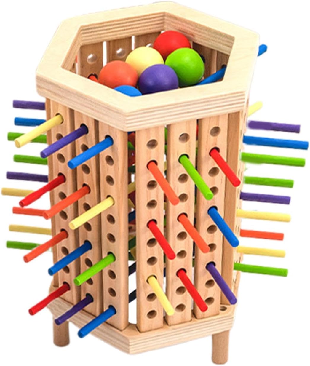 Bunter Montessori Farblernturm aus Massivholz, mit verschiedenen Formen zur Förderung der Farberkennung und Feinmotorik.