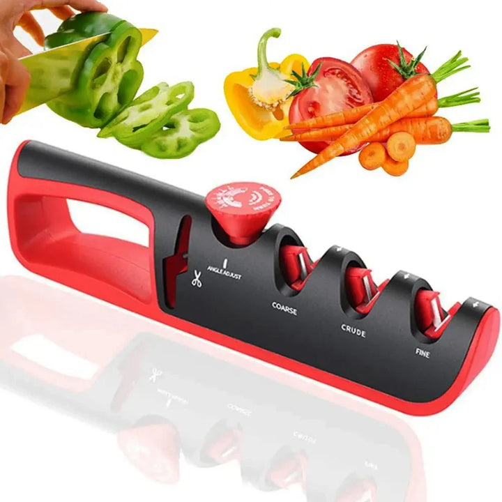 Multifunktionaler 4-in-1 Messerschärfer mit rutschfestem Griff, 4 Schleifstufen, in Rot, Schwarz oder Weiß, perfekt für Küche