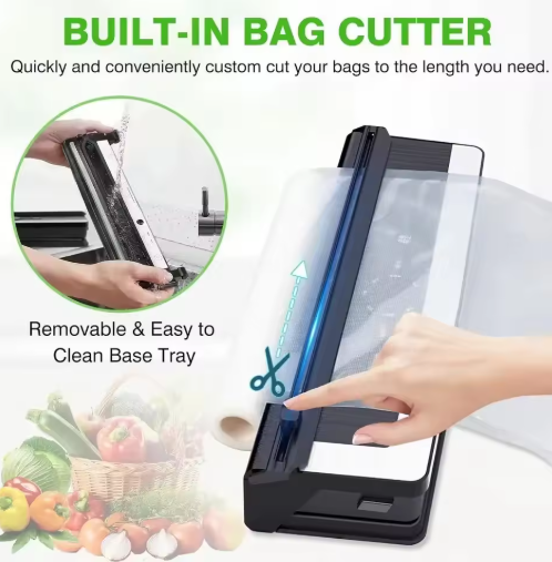 "Multifunktionales 8-in-1 Vakuumiergerät mit Folienschneider, kompaktes Design, ideal für Frische und lange Haltbarkeit."