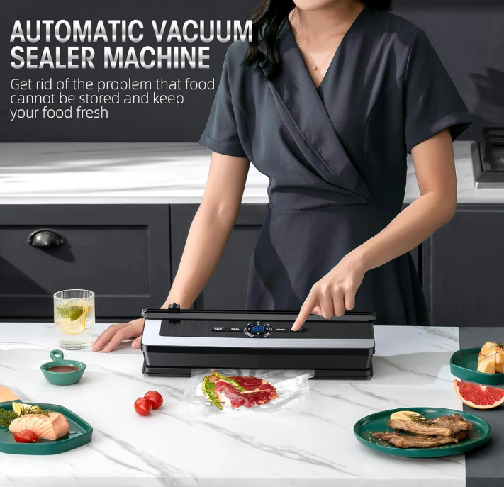 "Multifunktionales 8-in-1 Vakuumiergerät mit Folienschneider, kompaktes Design, ideal für Frische und lange Haltbarkeit."