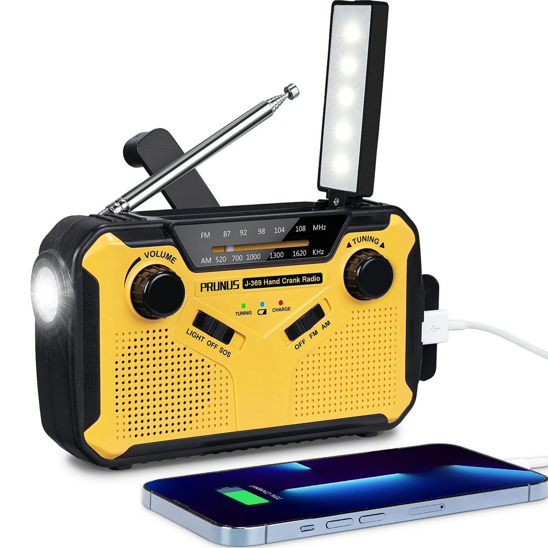"Multifunktionales Notfallradio mit Taschenlampe, Powerbank und SOS-Alarm in kompaktem Design für Outdoor-Abenteuer."