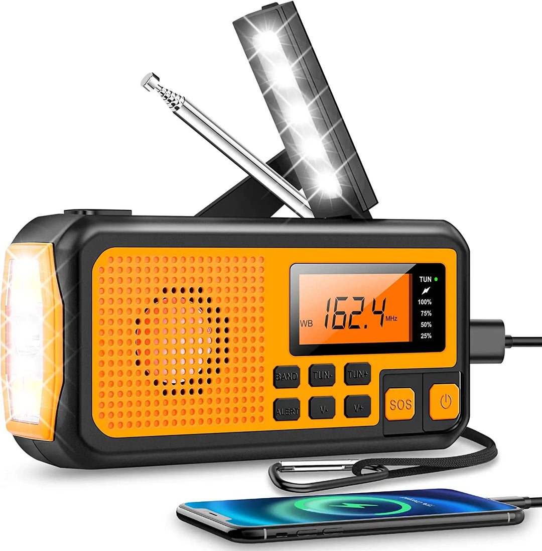 "Multifunktionales Notfallradio mit Taschenlampe, Powerbank und SOS-Alarm in kompaktem Design für Outdoor-Abenteuer."