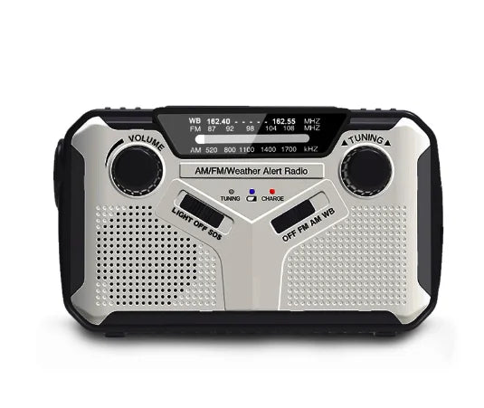 "Multifunktionales Notfallradio mit Taschenlampe, Powerbank und SOS-Alarm in kompaktem Design für Outdoor-Abenteuer."