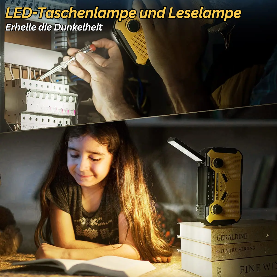 "Multifunktionales Notfallradio mit Taschenlampe, Powerbank und SOS-Alarm in kompaktem Design für Outdoor-Abenteuer."