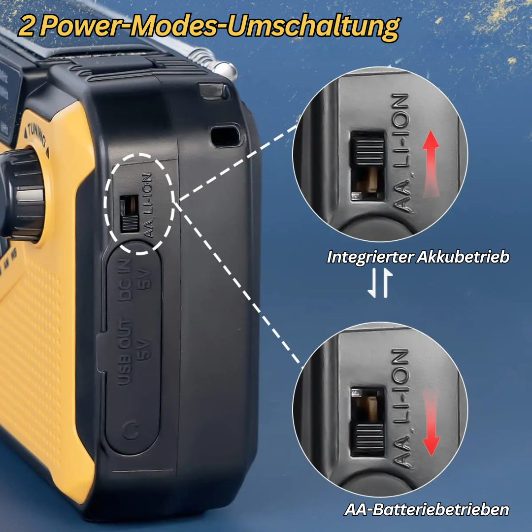 "Multifunktionales Notfallradio mit Taschenlampe, Powerbank und SOS-Alarm in kompaktem Design für Outdoor-Abenteuer."