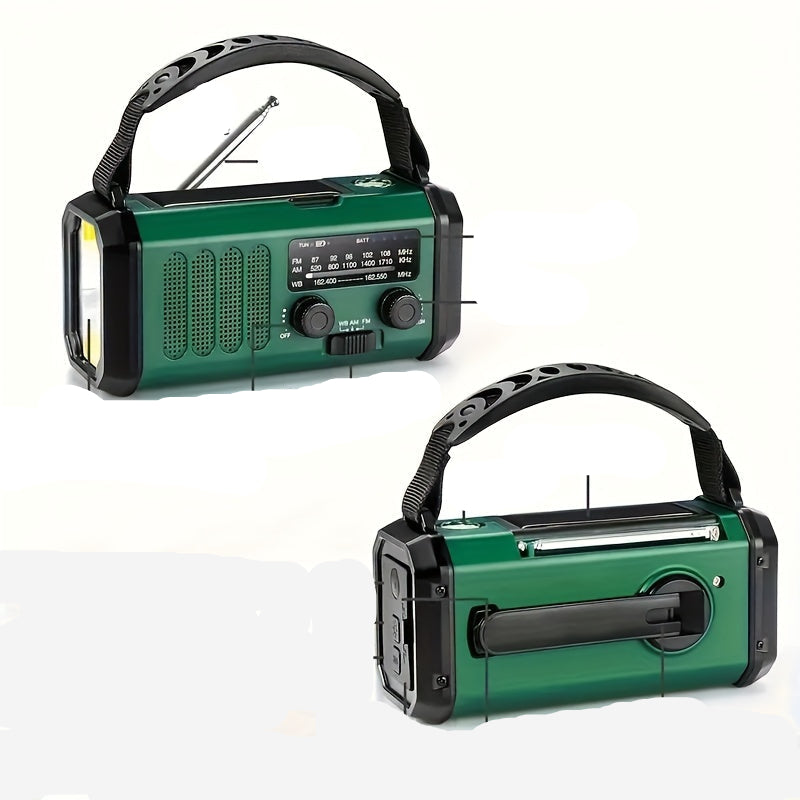 "Multifunktionales Solar-Notfallradio mit Kurbel, Powerbank und LED-Lampe, ideal für Camping und Outdoor-Abenteuer."