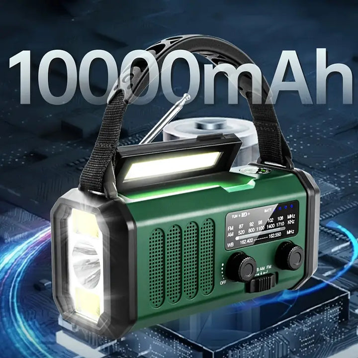 "Multifunktionales Solar-Notfallradio mit Kurbel, Powerbank und LED-Lampe, ideal für Camping und Outdoor-Abenteuer."