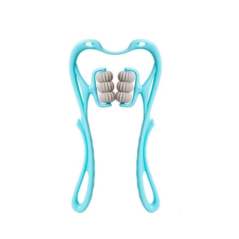Nacken- und Schulter-Massageroller mit sechs blauen Massagekugeln, ergonomischem Design, ideal für Entspannung.