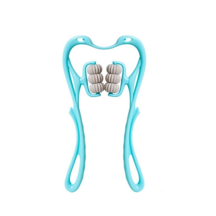 Nacken- und Schulter-Massageroller mit sechs blauen Massagekugeln, ergonomischem Design, ideal für Entspannung.
