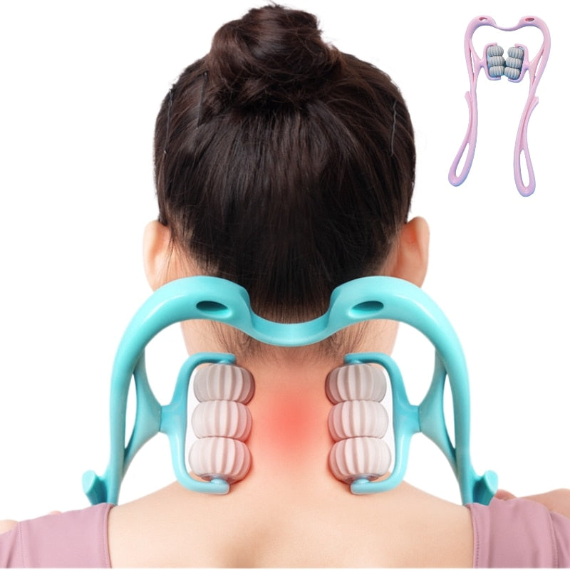 Nacken- und Schulter-Massageroller mit sechs blauen Massagekugeln, ergonomischem Design, ideal für Entspannung.