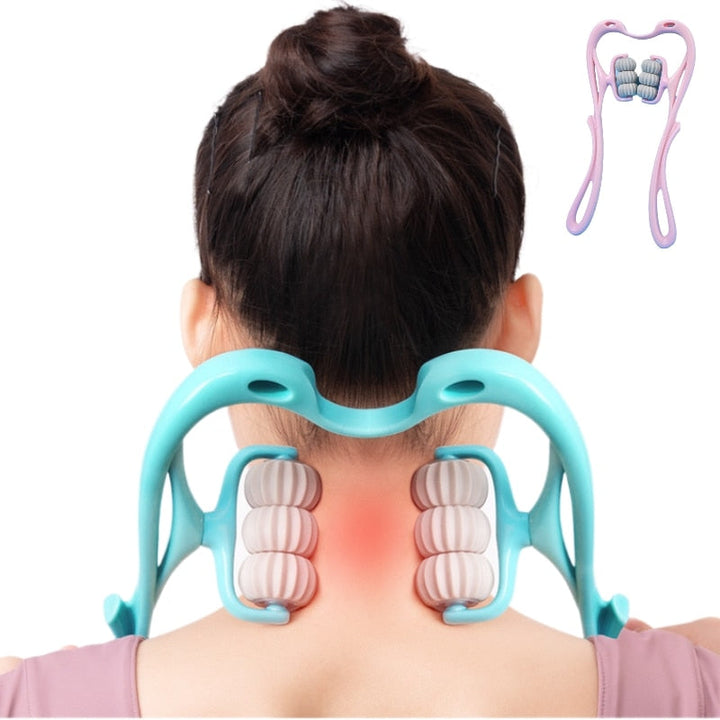 Nacken- und Schulter-Massageroller mit sechs blauen Massagekugeln, ergonomischem Design, ideal für Entspannung.