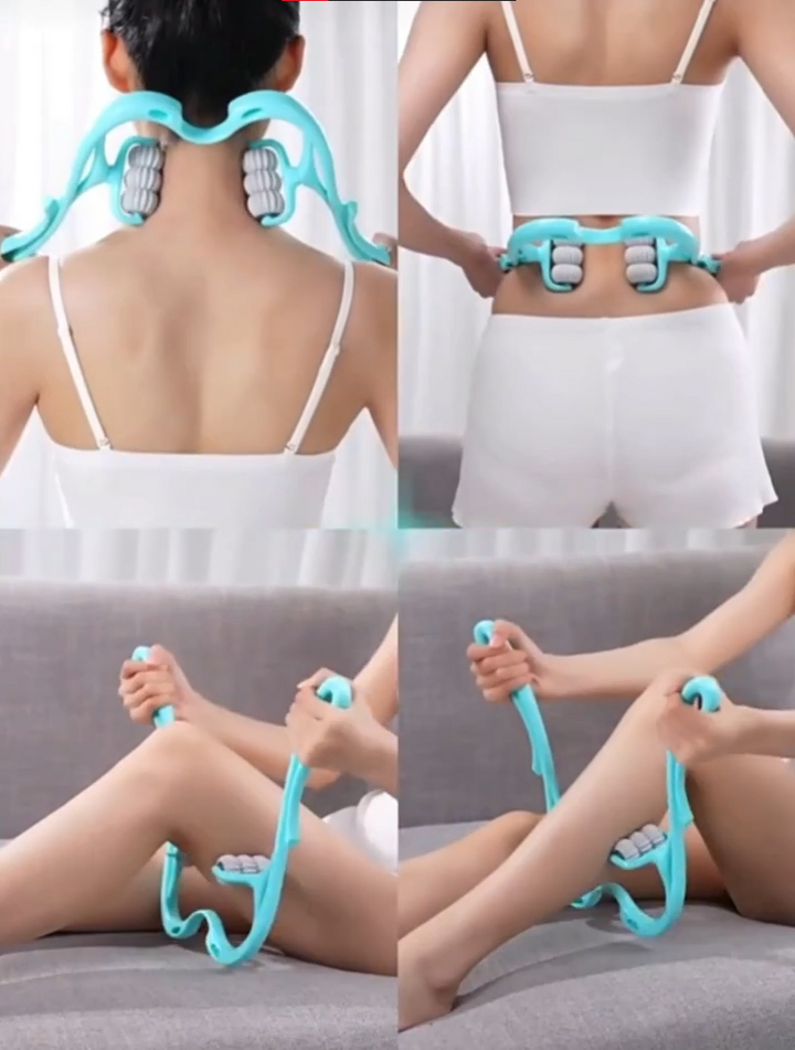 Nacken- und Schulter-Massageroller mit sechs blauen Massagekugeln, ergonomischem Design, ideal für Entspannung.