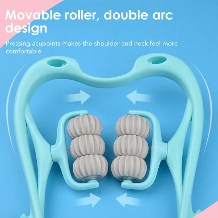 "Nackenmassagegerät mit 6 Rollen, ergonomisches Design, hellblau, für effektive Druckpunktmassage gegen Verspannungen."